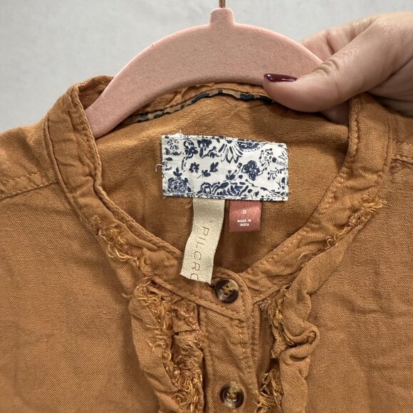 Pilcro Shirt Womens Small Brown Linen Blend Ruffle Button Front Anthropologie - Picture 2 of 9